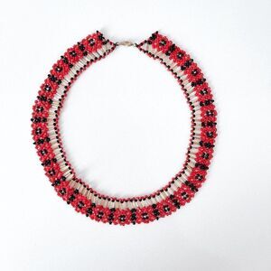 Handmade Women's Ukrainian Gold-Tone Floral Beaded Choker Necklace Red Black